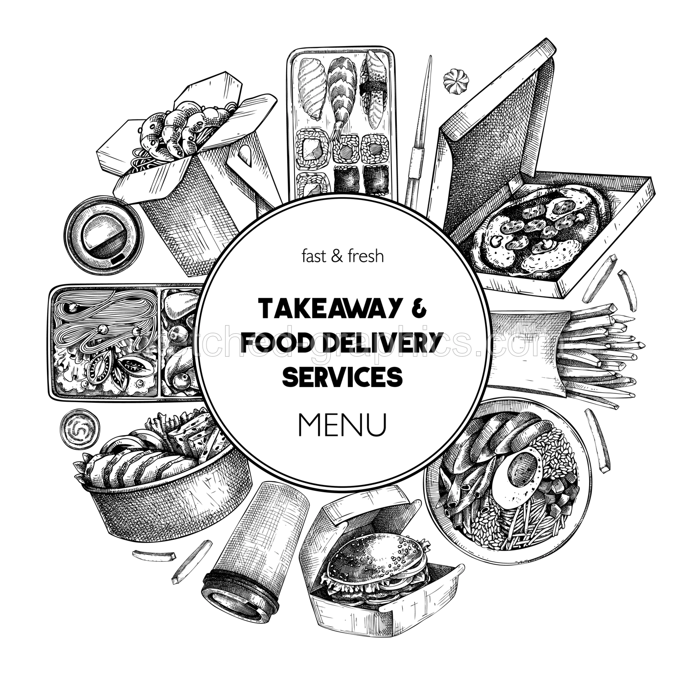 Engraved fast food wreath. Hand-drawn vector illustration. Burger, pizza box, paper bag, coffee cup sketch. Takeaway food menu design. Restaurant delivery frame template Illustration